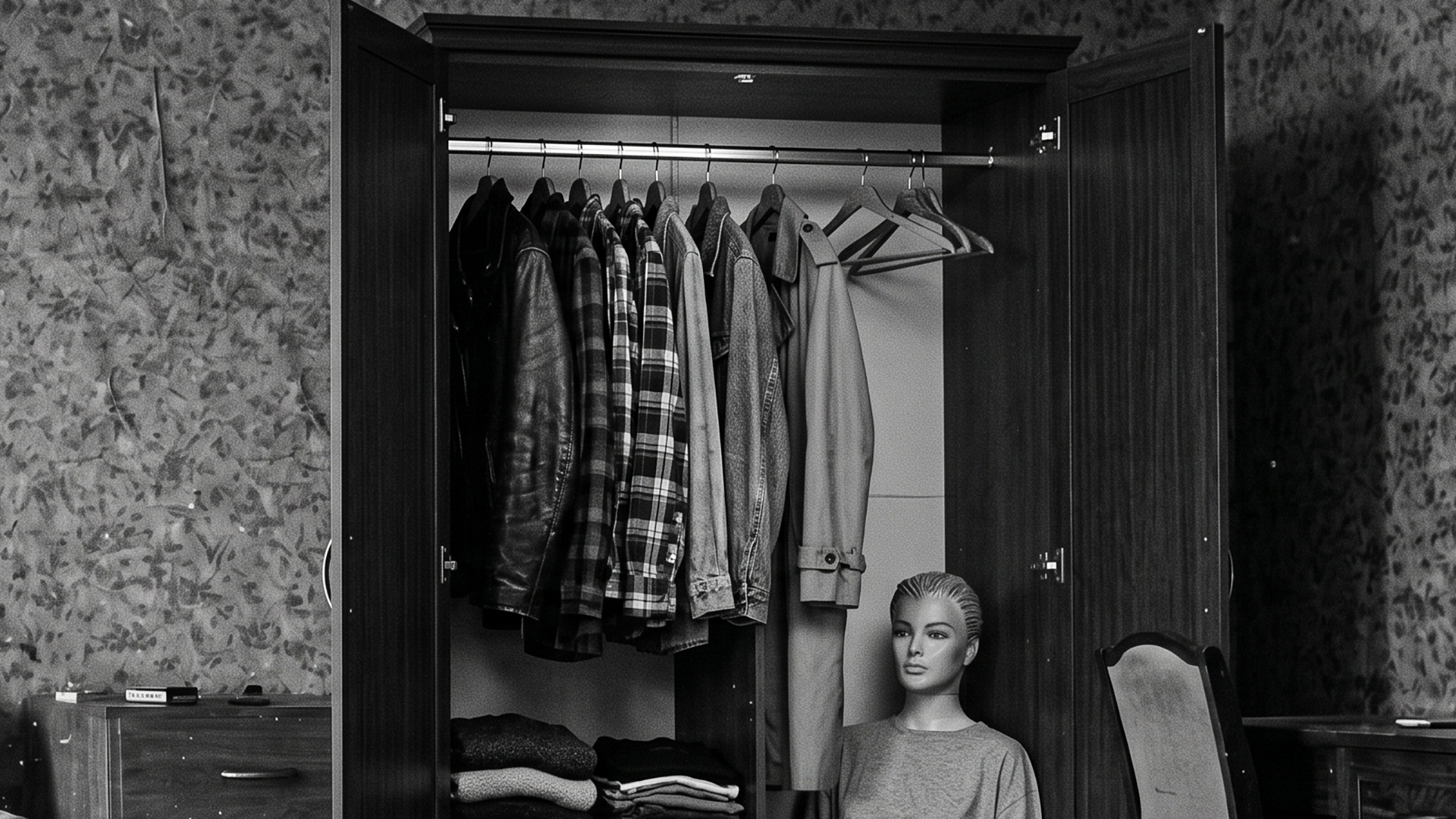shot6_wardrobe — открытый шкаф с одеждой и жутким манекеном