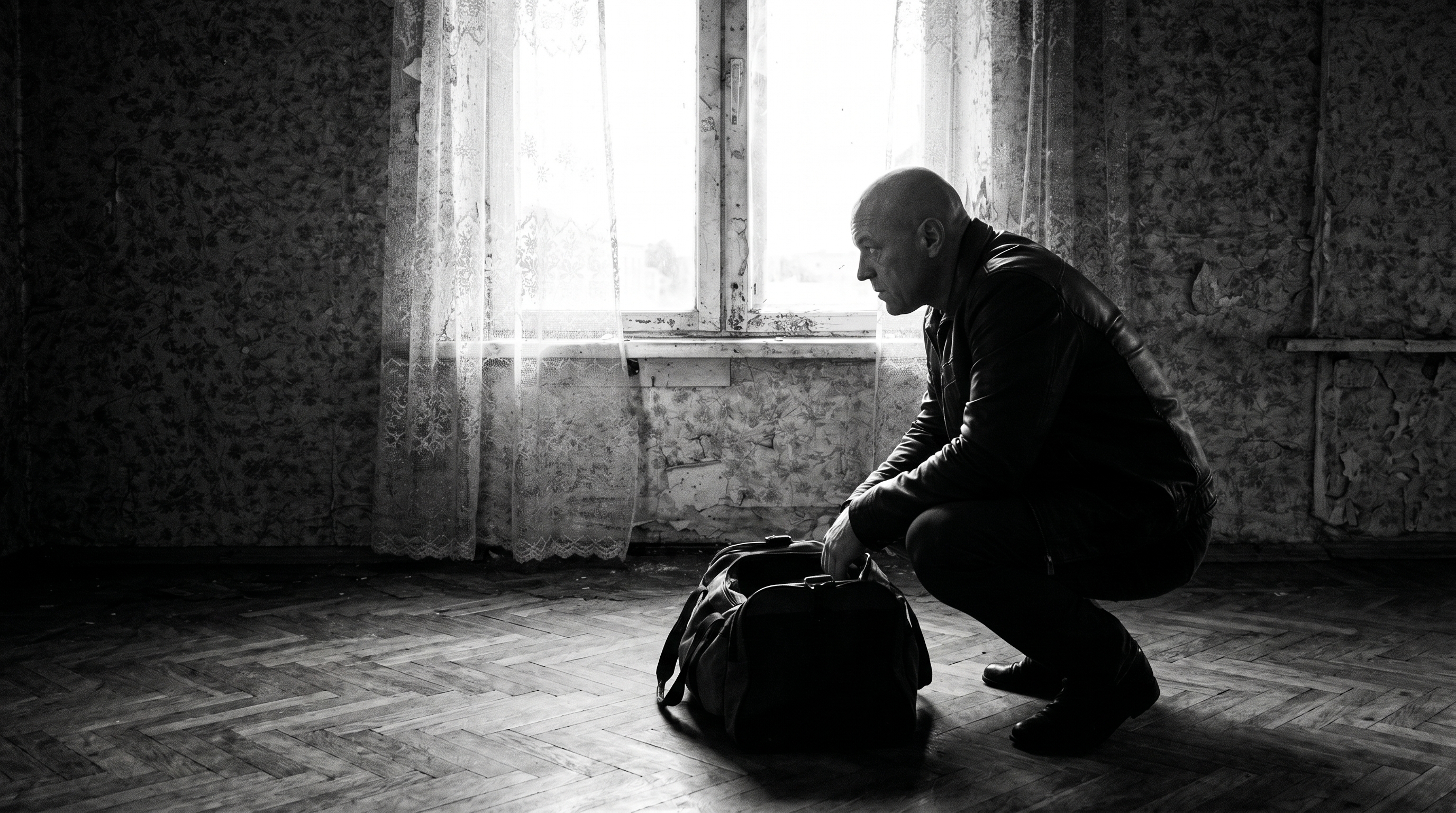 shot19_bandit_profile_v1 — бандит в правой, в профиль, на корточках, сумка перед ним